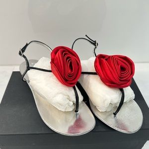 GIUSEPPE ZANOTTI satin Red Rose sandals black patent flat leather